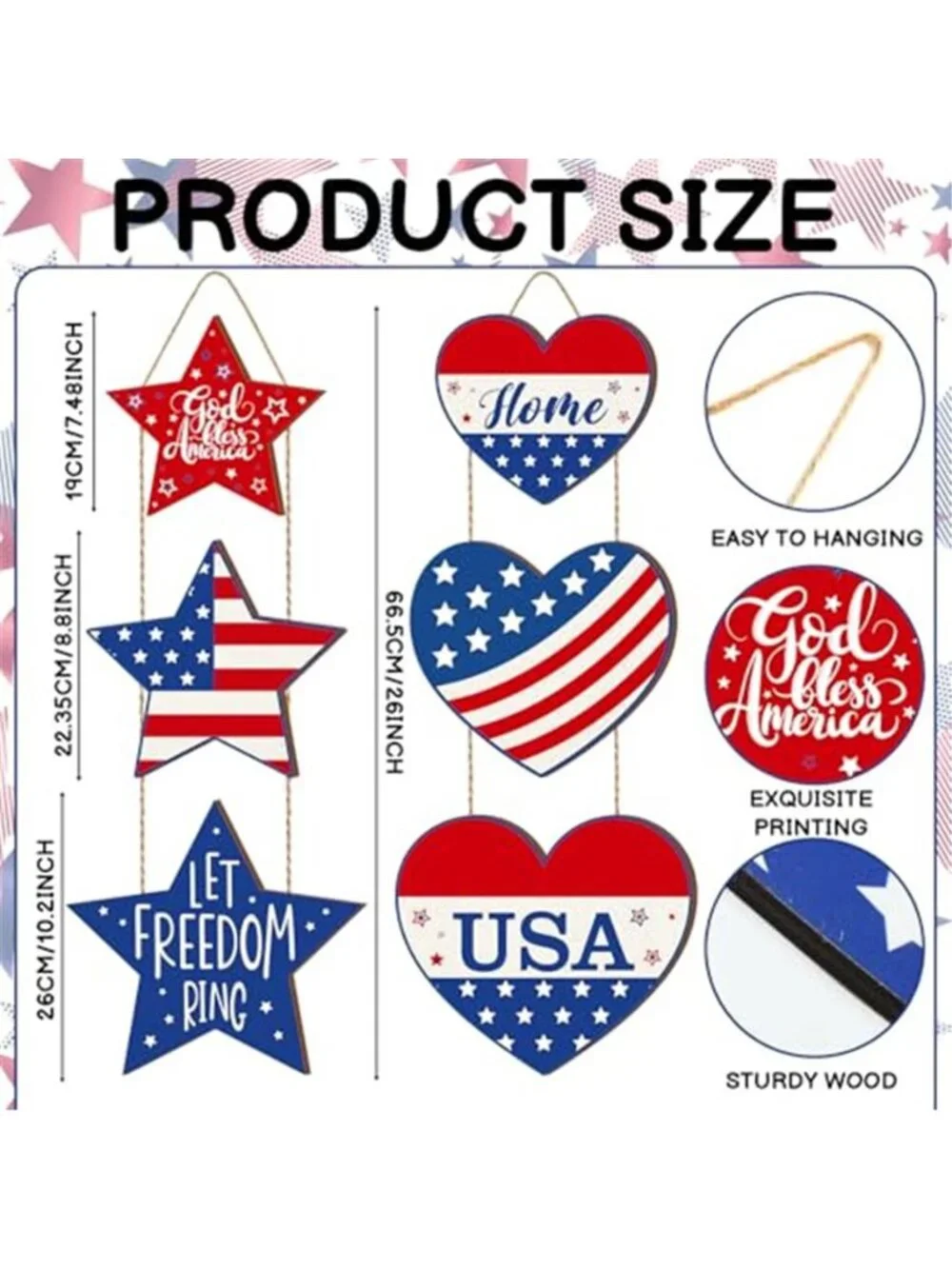 2 Pcs 4th of July Door Sign Patriotic Decoration Wooden Star Heart Wreaths